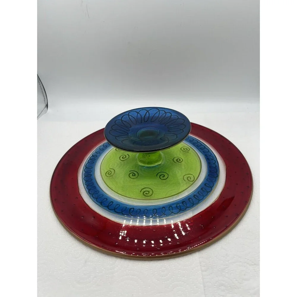 Pier 1 Festive Stripe Cake Plate Christmas Holiday Colorful 11 3/4”